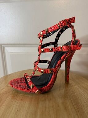 Wild Diva Red Snake-Print Studded Strappy Stiletto